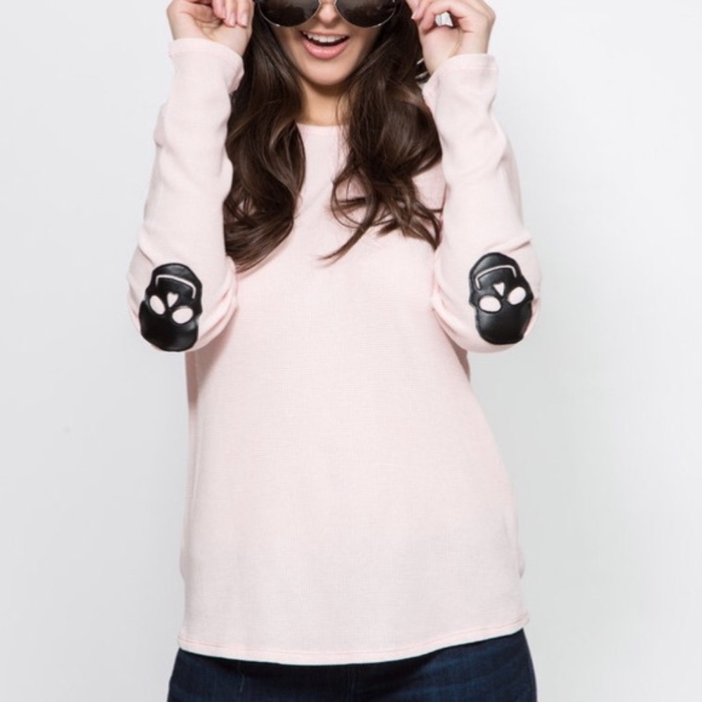 Skull Elbow Patch Thermal Long Sleeve Pink